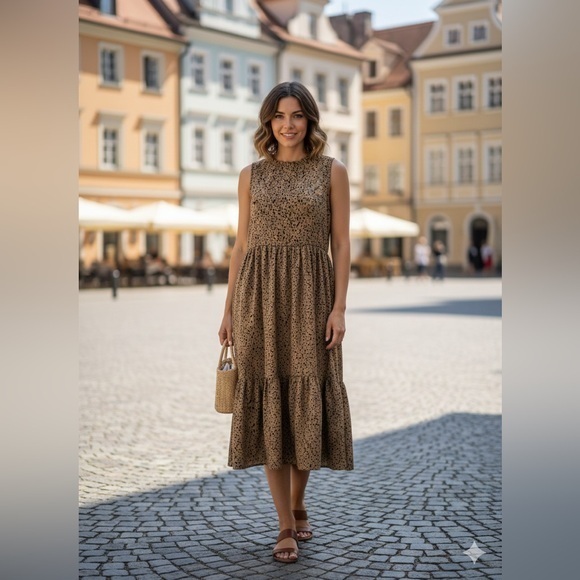 mittoshop Dresses & Skirts - NWT Mittoshop Women’s Small Brown Animal Print Sleeveless Tiered Midi Dress S